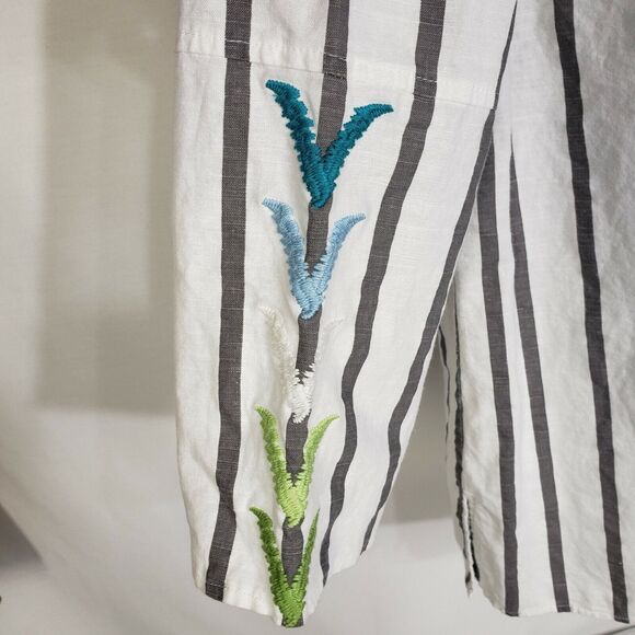 Sharon Young Womens Top Small Gray Striped 100% Linen Embroidered Button Up 3/4 - Picture 4 of 10